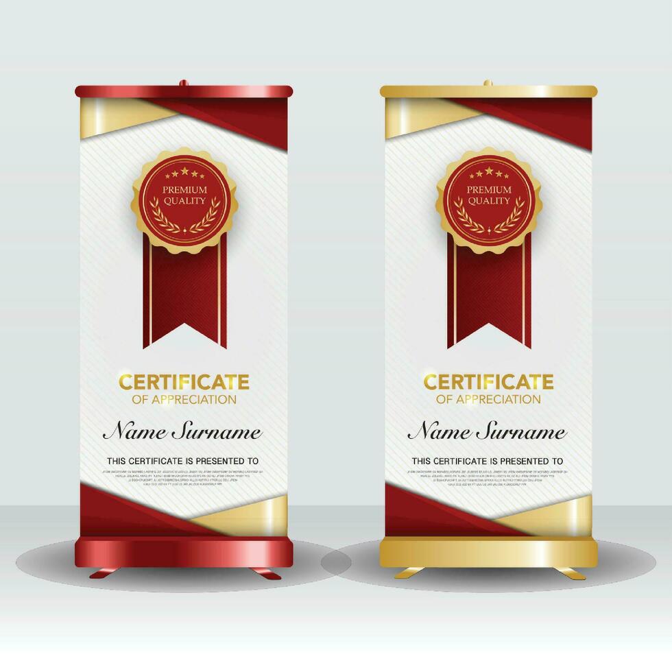 diploma certificate template roll up banner stand model, red and gold color with luxury and modern style vector image.