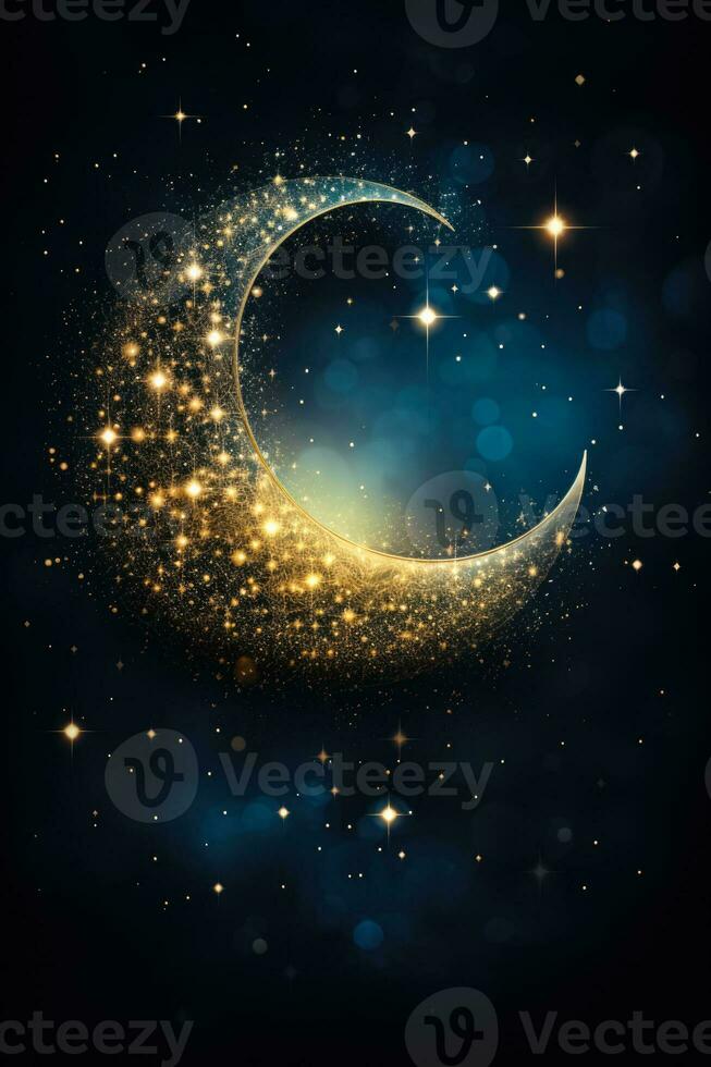 Crescent moon nestled among stars isolated on a dark blue gradient background photo