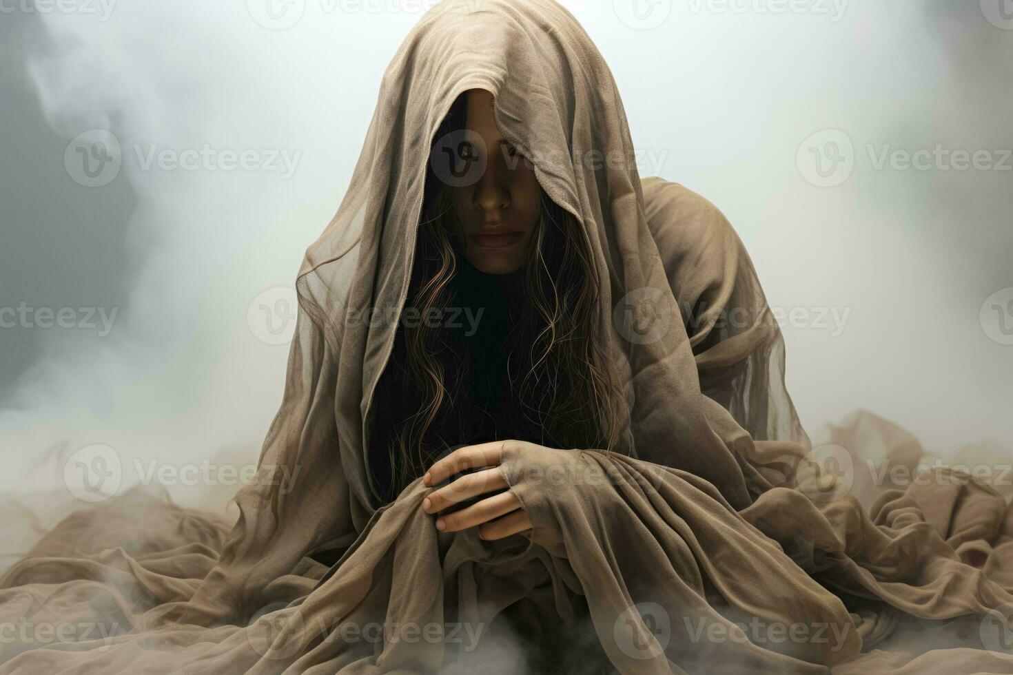 A shrouded figure depicting fear and anxiety isolated on a white background photo