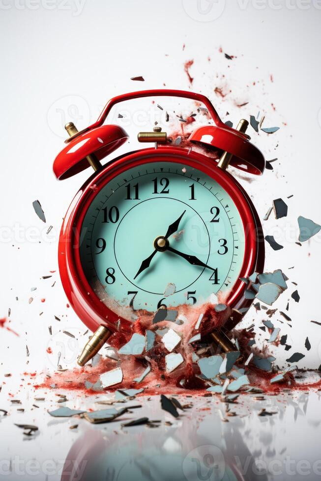 A smashed alarm clock symbolizing insomnia isolated on a white
