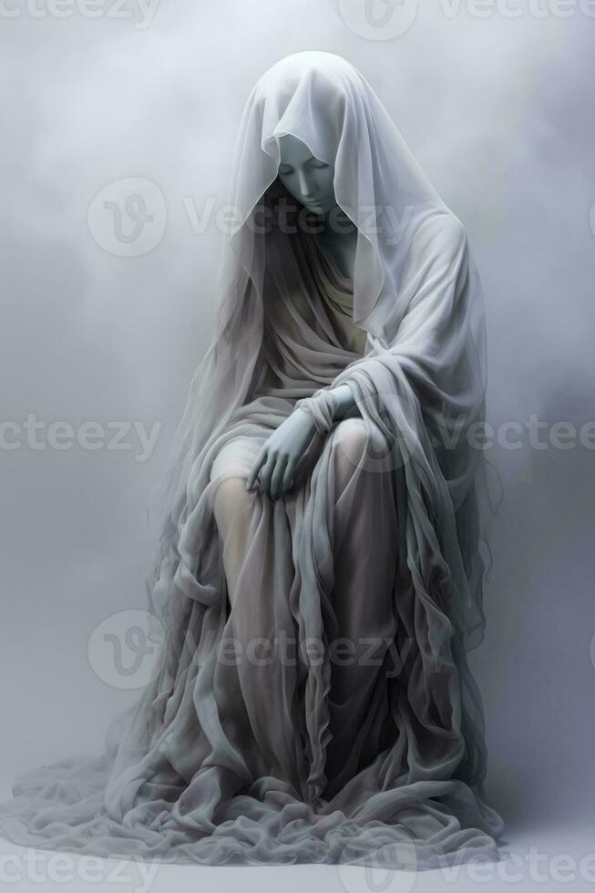 Sleeping figure entrapped in diaphanous veil isolated on a gray gradient background photo