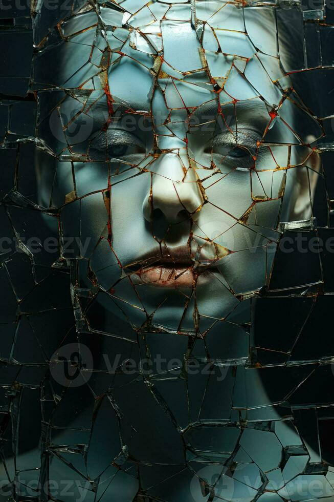 Unsettled figure ensnared in splintered mirror segments signifying fragmented sleep paralysis photo