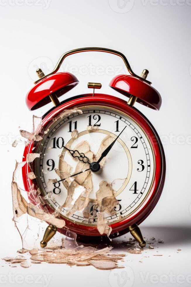 A smashed alarm clock symbolizing insomnia isolated on a white