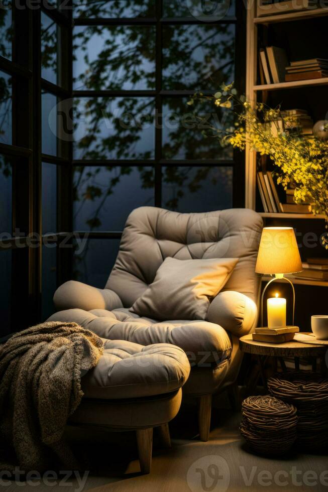 Cozy night time reading nook with ambient lighting background with empty space for text photo