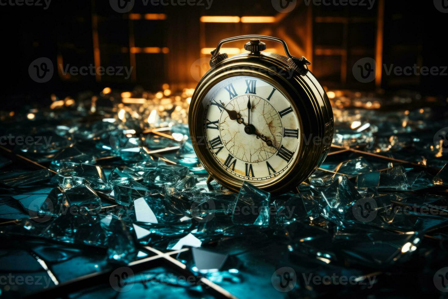 Chained clock and shattered glasses symbolizing disruptive sleeping patterns photo