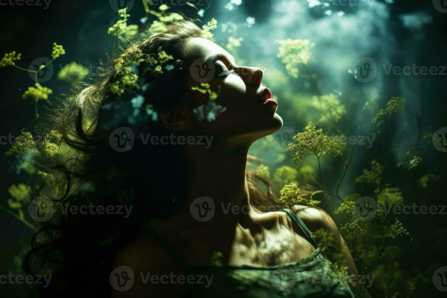 Vivid surreal forest blending into a womans sleeping silhouette photo