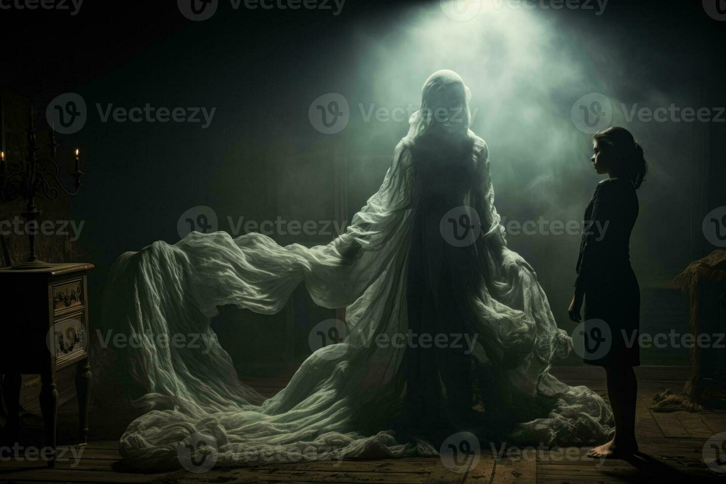 Ghostly figure hovering over a figure trapped in a restless slumber photo