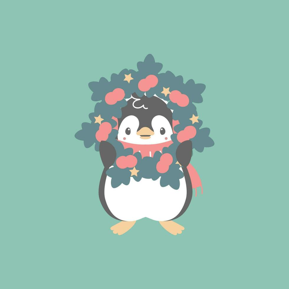 merry christmas and happy new year with cute penguin and wreath in the winter season green background, flat vector illustration cartoon character costume design