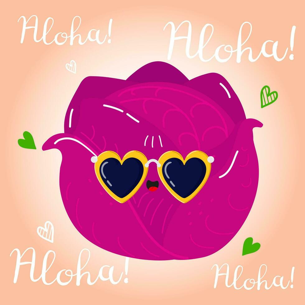 Cute funny Red cabbage character. Vector hand drawn cartoon kawaii character illustration icon. Isolated on pink background. Red cabbage character concept. Aloha card