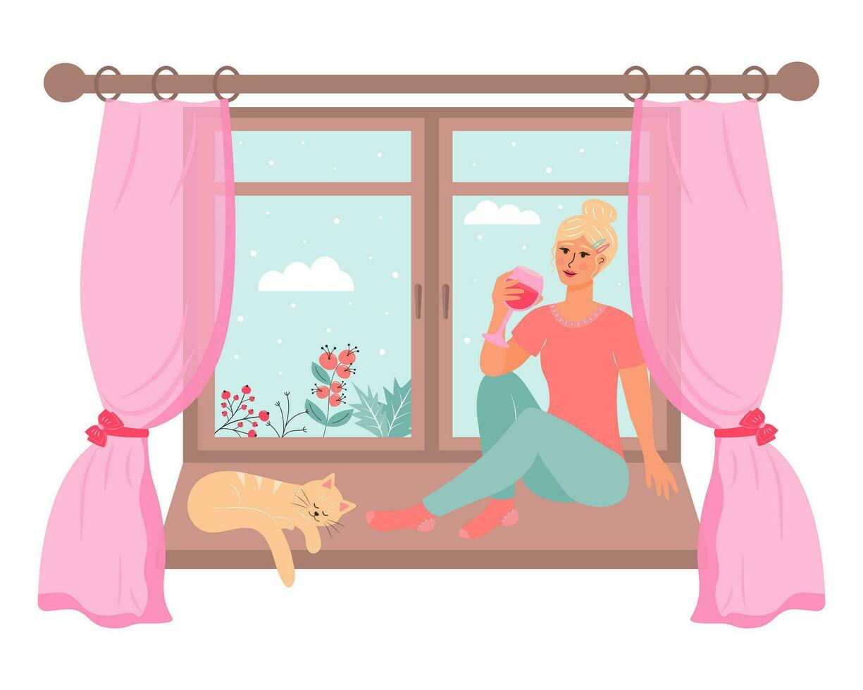 Young woman sitting on the window with a glass of wine and cute cat sleeping near her. Snowy weather and winter berries outside the window. vector