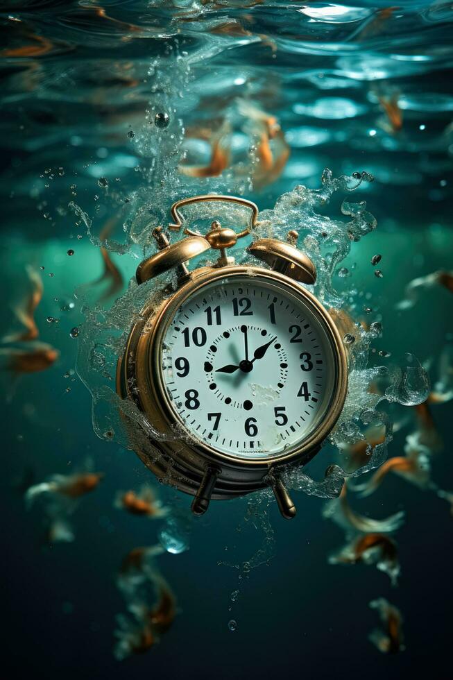 Conceptual image of an alarm clock submerged in a restless sea photo