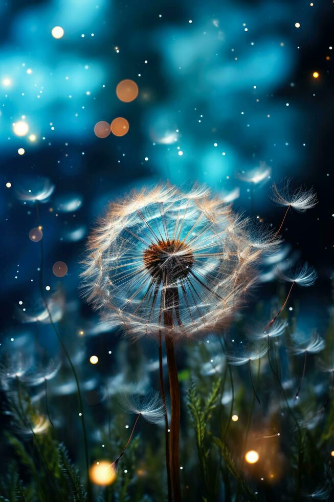 A dandelion dispersing seeds into a luminescent nebula infused night sky photo