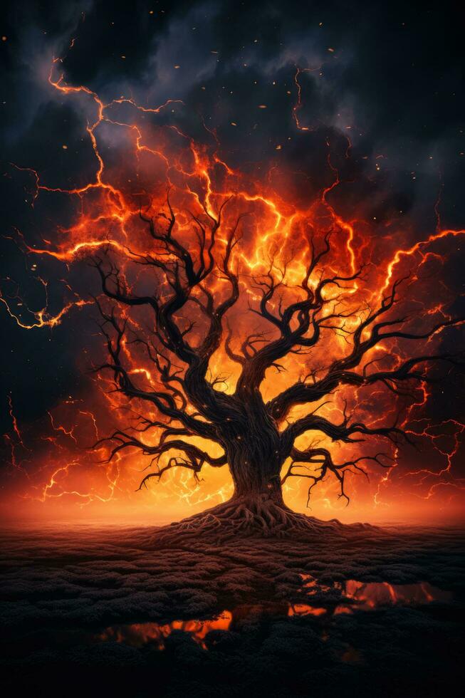 A twisted tree against a fiery sky symbolizing chaotic night terrors photo