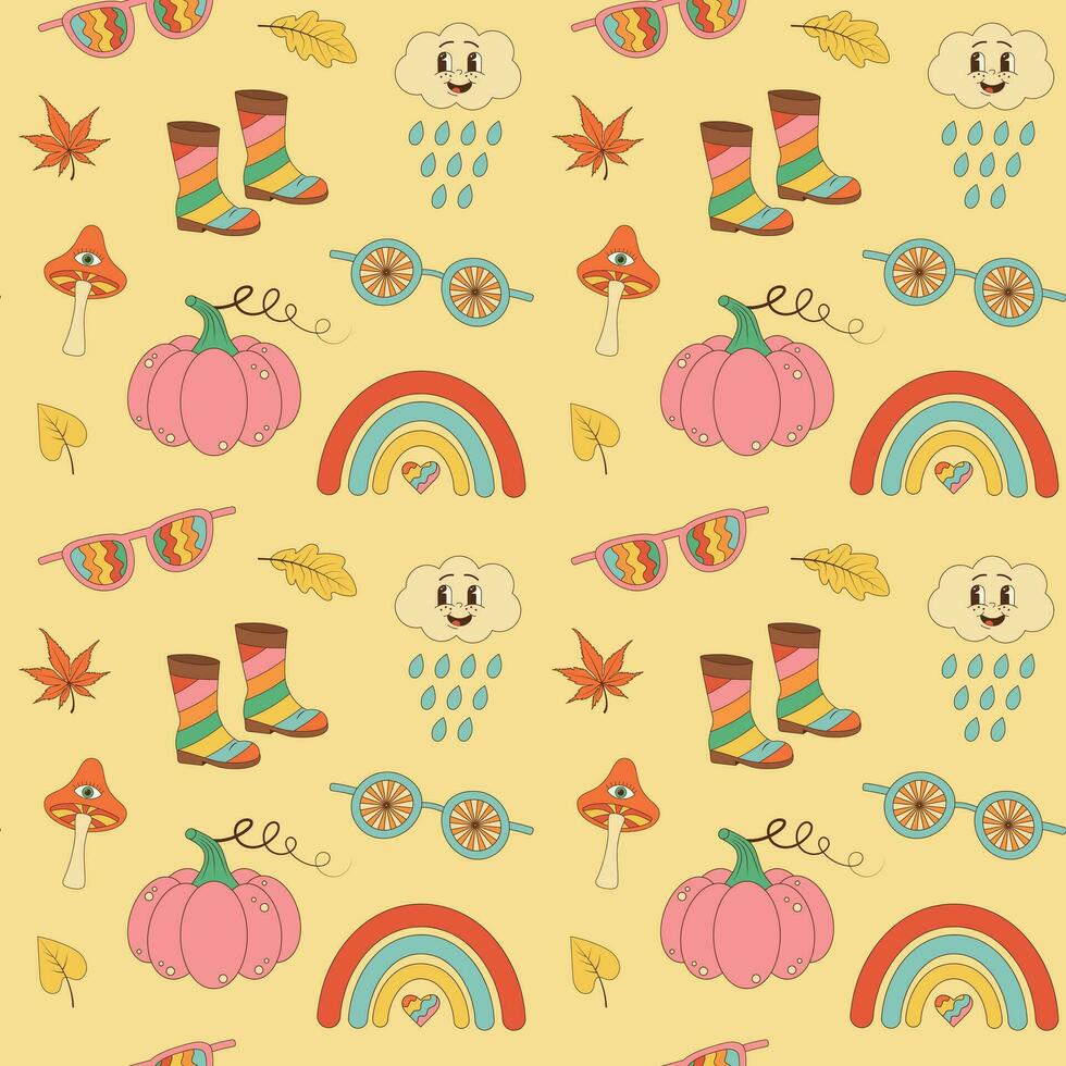 Autumn retro groovy seamless pattern. Hippie mushroom, pumpkin, rubber boots, groovy cloud, rainbow, glasses and leaves on pastel background vector