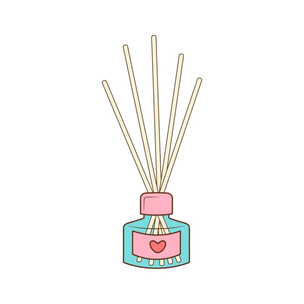 Aroma diffuser bottle with wooden aroma sticks. Aromatherapy accessory. Color doodle icon. Relax, me time concept. vector