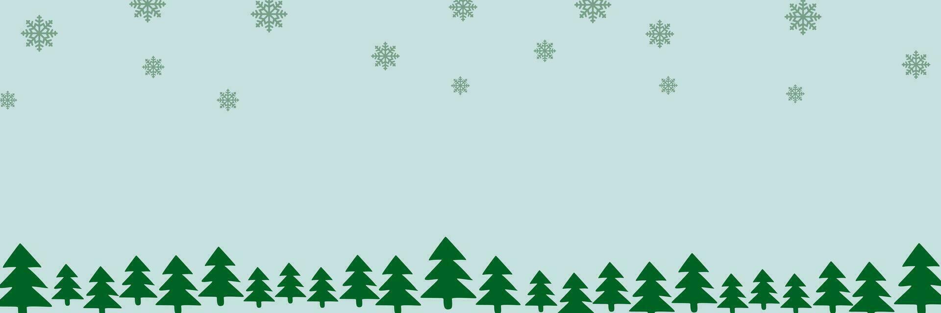 Border with green fir trees, falling snowflakes, snowdrifts with Copyspace for text. Pine, xmas evergreen plants banner. Vector Christmas tree garland and snow drifts pattern. Flat background.