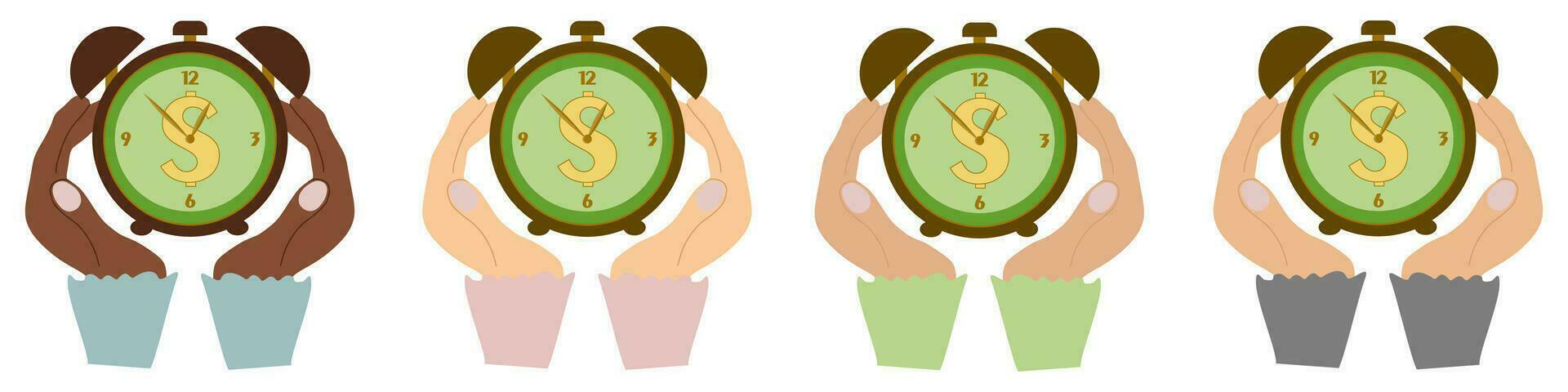 conjunto de mujer de negocios mano encargarse de reloj. hora es dinero. vector hora y financiero administración ilustración. plano estilo negocio fotografía. mujer manos y relojes. momento, planificación, emprendedor, reunión.