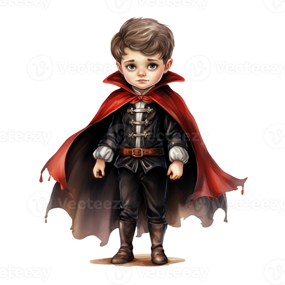 Boy Wearing Dracula Costume For Halloween Event. Watercolor Style. AI Generated png