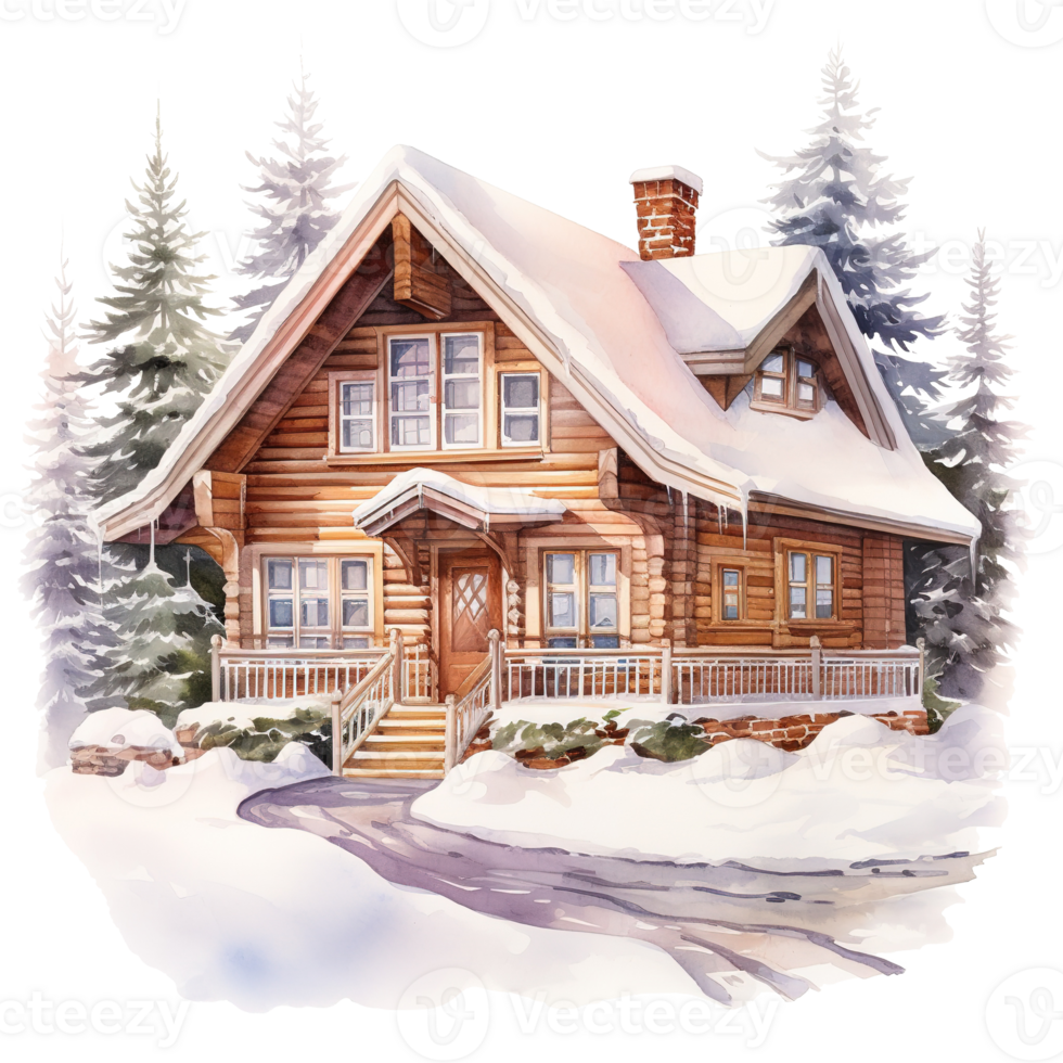 Winter Forest Cabin For Christmas Event. Watercolor Style. AI Generated png