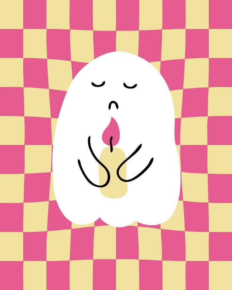 Halloween ghost with candle on distorted checkered groovy background. Perfect print for tee, greeting card, party invitation, poster. vector