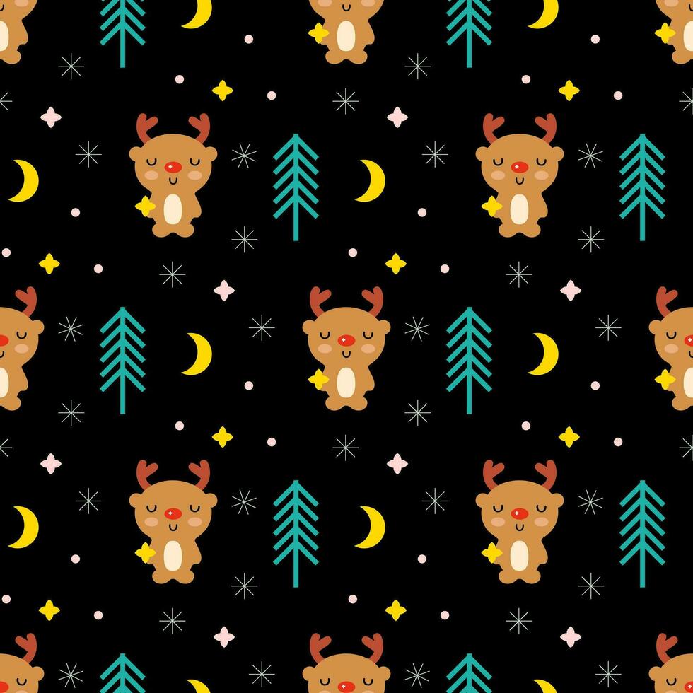 Christmas night cartoon seamless pattern with deers and stars. New year print for tee, paper, textile and fabric. vector