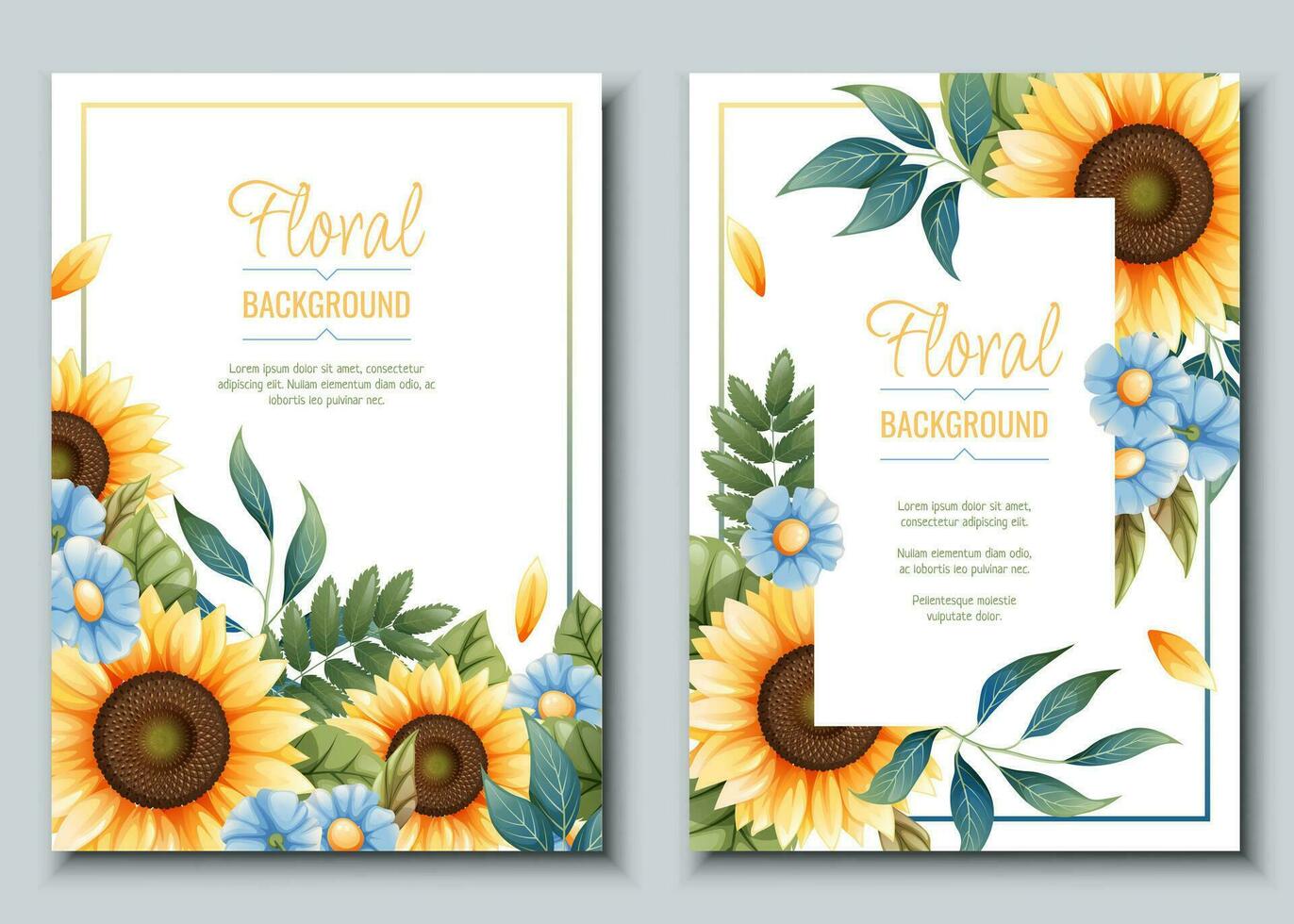 conjunto de saludo tarjeta modelo con girasoles, azul margaritas volantes, bandera con otoño flores silvestres diseño para Boda invitación y fiesta. vector