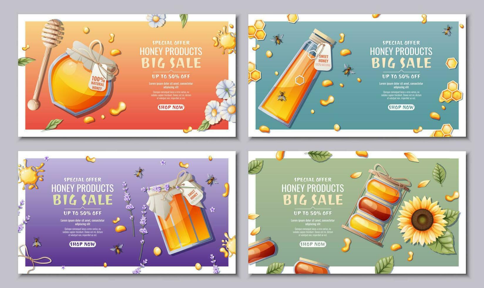 Set of banner templates for honey shop. Honey jar with flowers, bees and honeycombs. Honey products from wild flowers. Discount flyer, background, poster for advertising. Natural, healthy product vector