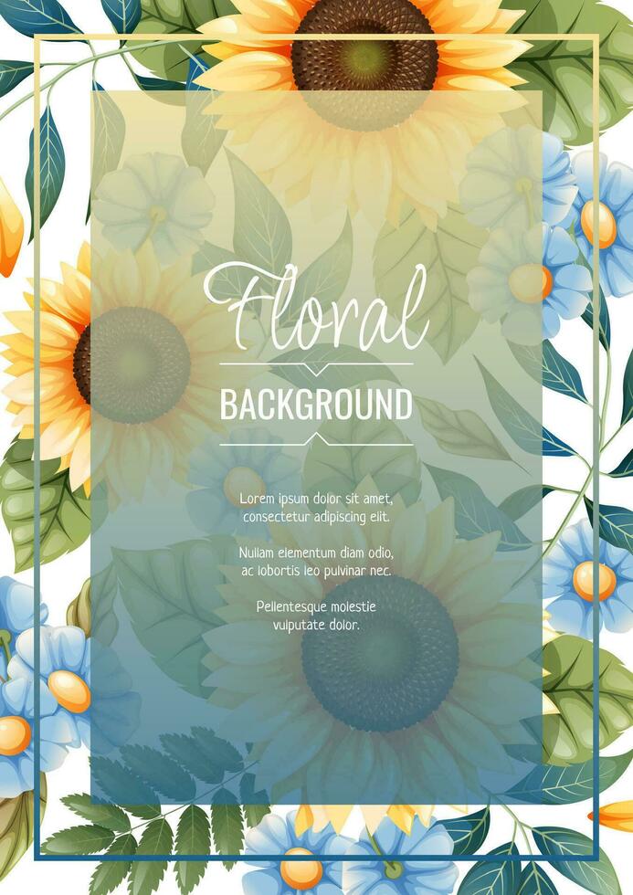 saludo tarjeta modelo con girasoles, azul margaritas volantes, bandera con otoño flores silvestres diseño para Boda invitación y fiesta. vector