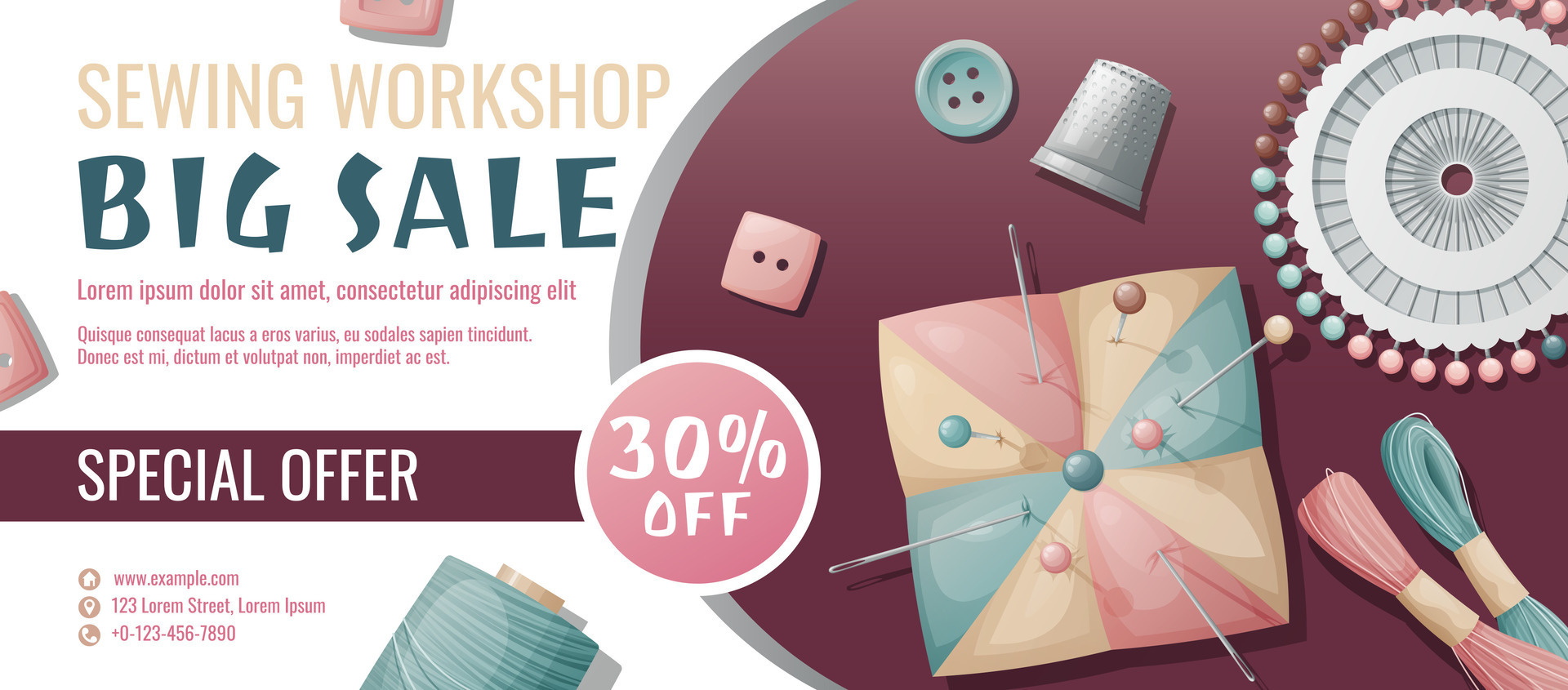 Banner template for sewing workshop. Discount coupon with sewing items ...