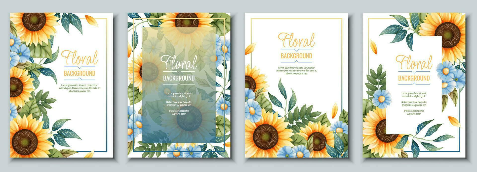 conjunto de saludo tarjeta modelo con girasoles, azul margaritas volantes, bandera con otoño flores silvestres diseño para Boda invitación y fiesta. vector