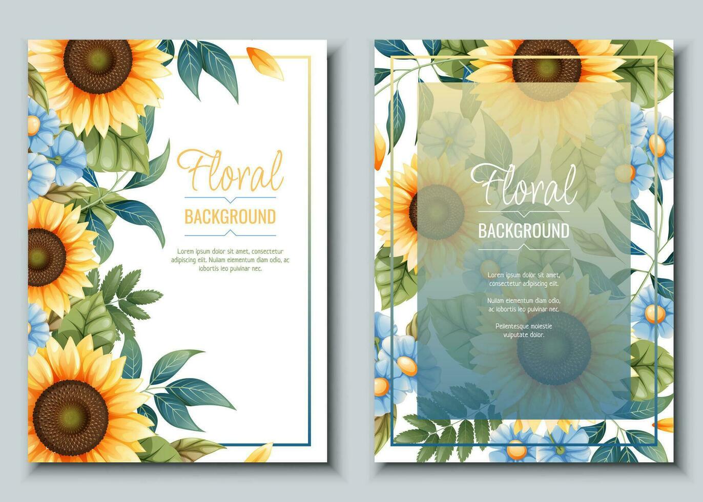 Set of greeting card template with sunflowers, blue daisies. Flyer, banner with autumn wildflowers. Design for wedding invitation and party. vector