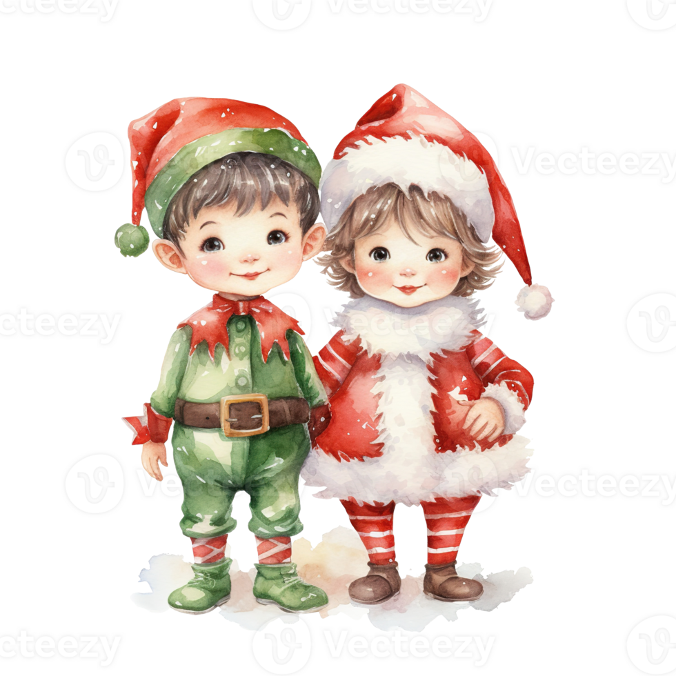 Sibling Wearing Santa and Elf Costume For Christmas Event. Watercolor Style. AI Generated png