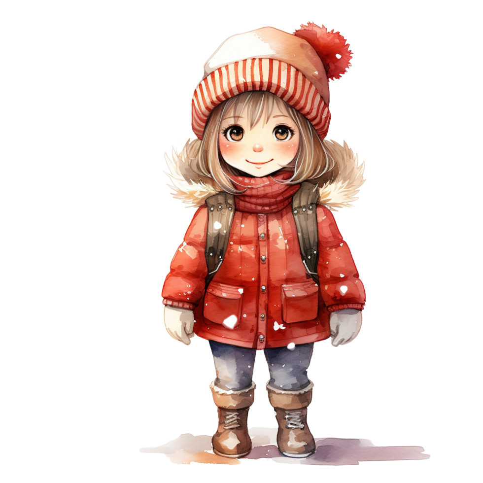 Girl Wearing Winter Clothes For Christmas Event. Watercolor Style. AI Generated png