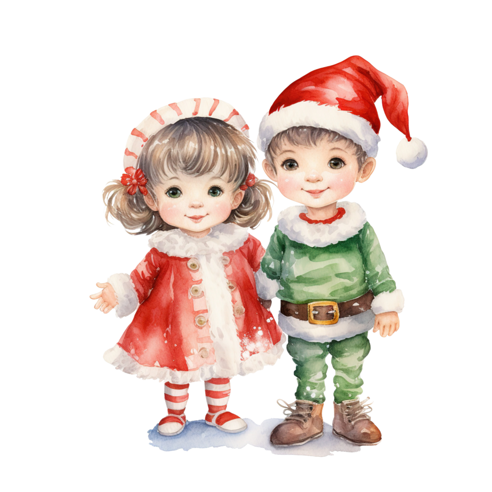 Geschwister tragen Santa und Elf Kostüm zum Weihnachten Fall. Aquarell Stil. ai generiert png