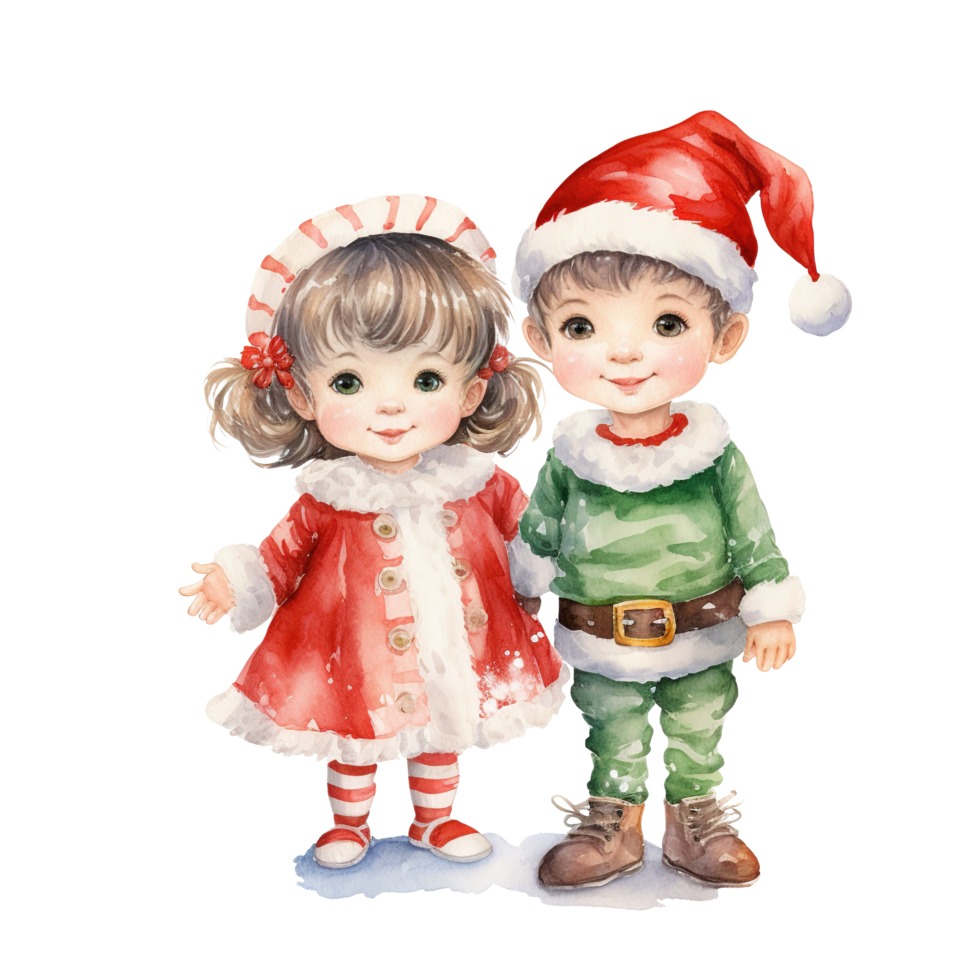 irmão vestindo santa e duende traje para Natal evento. aguarela estilo. ai gerado png