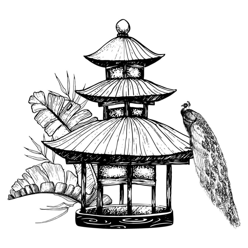 Exotic pavilion with tropical palm leaves and peacock sitting on the roof black and white vector graphic illustration of Asian garden