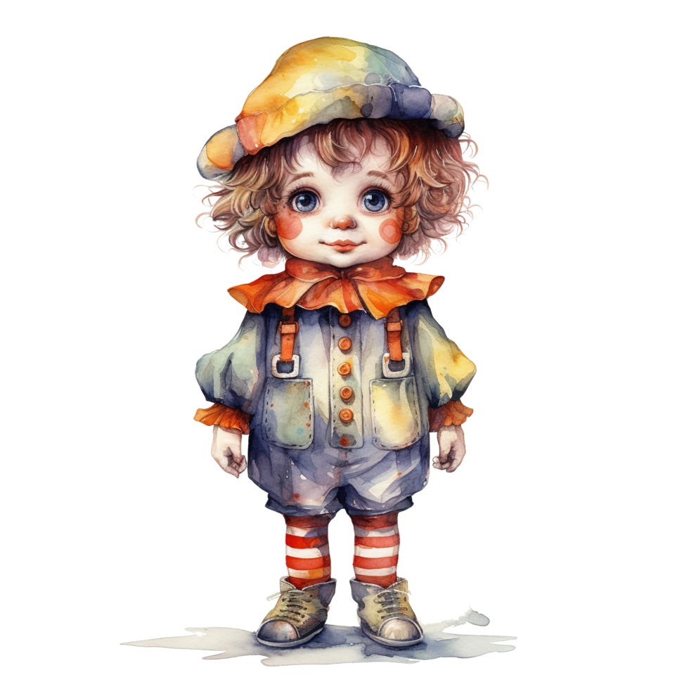 Boy Wearing Clown Costume For Halloween Event. Watercolor Style. AI Generated png