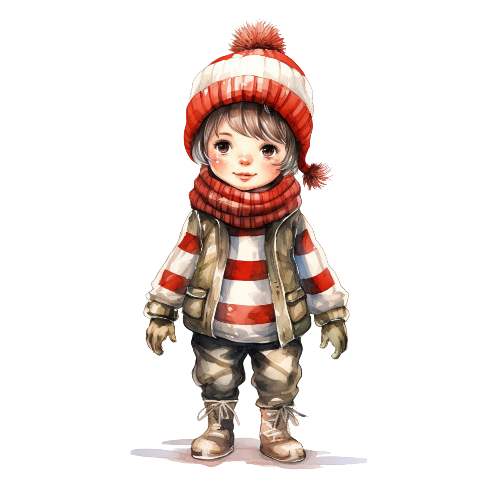 Boy Wearing Winter Clothes For Christmas Event. Watercolor Style. AI Generated png