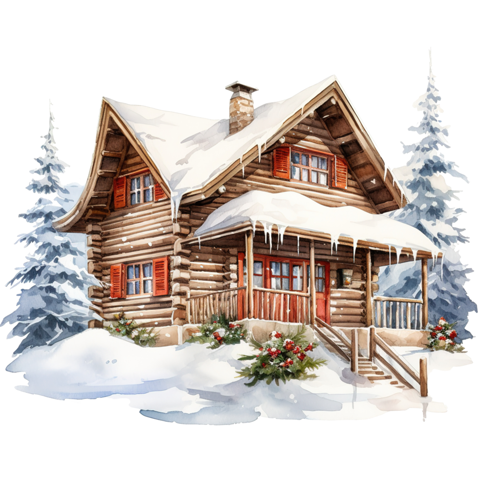 Winter Forest Cabin For Christmas Event. Watercolor Style. AI Generated png