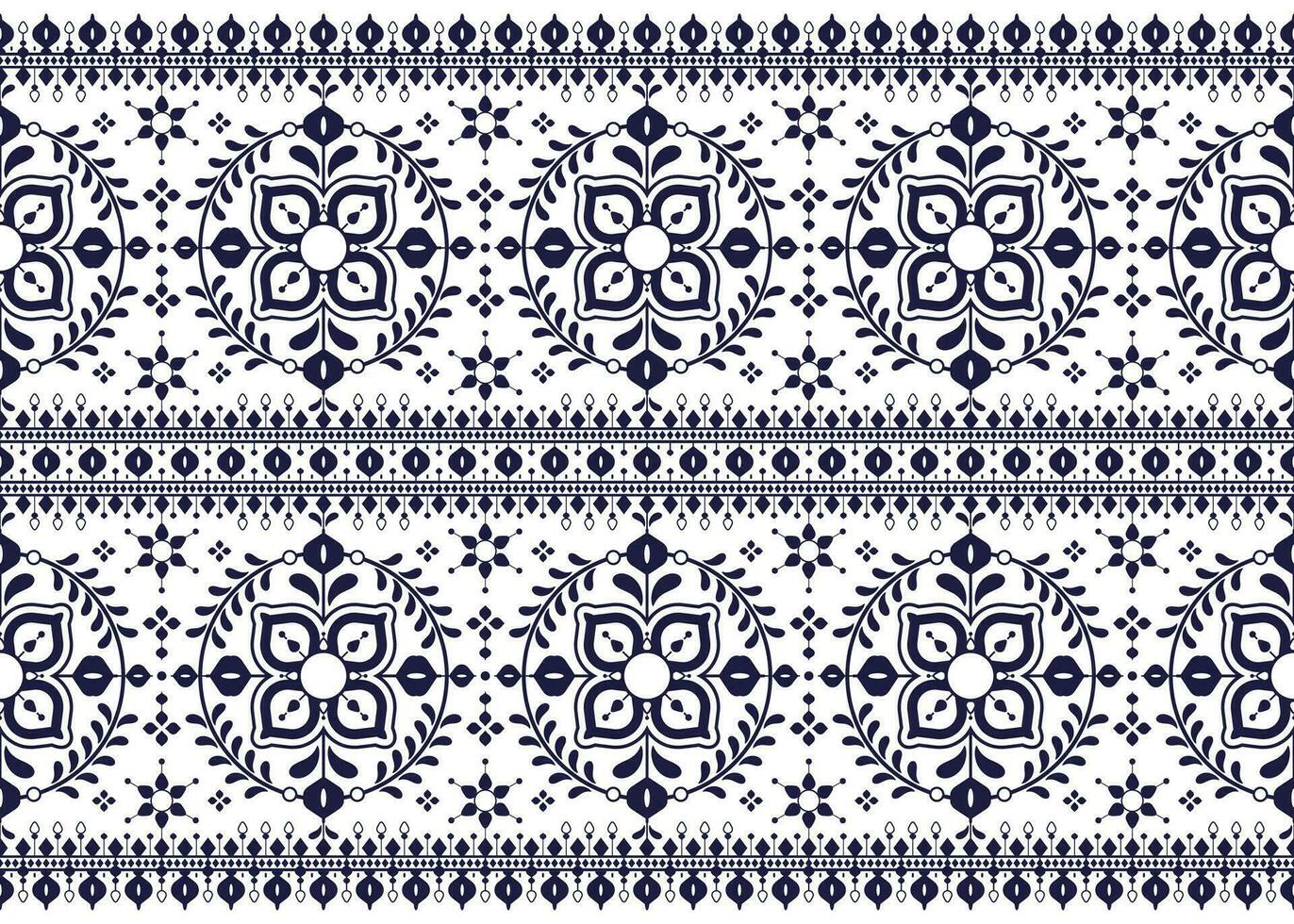 geométrico y flor étnico tela modelo en azul antecedentes para paño alfombra fondo de pantalla antecedentes envase etc. vector