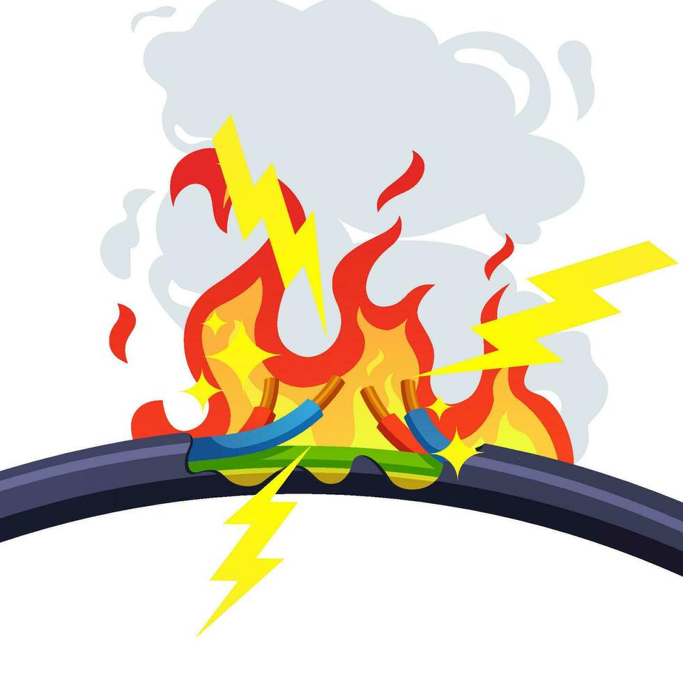 Burning cable vector.Broken cable wire , short circuit burning electrical. vector