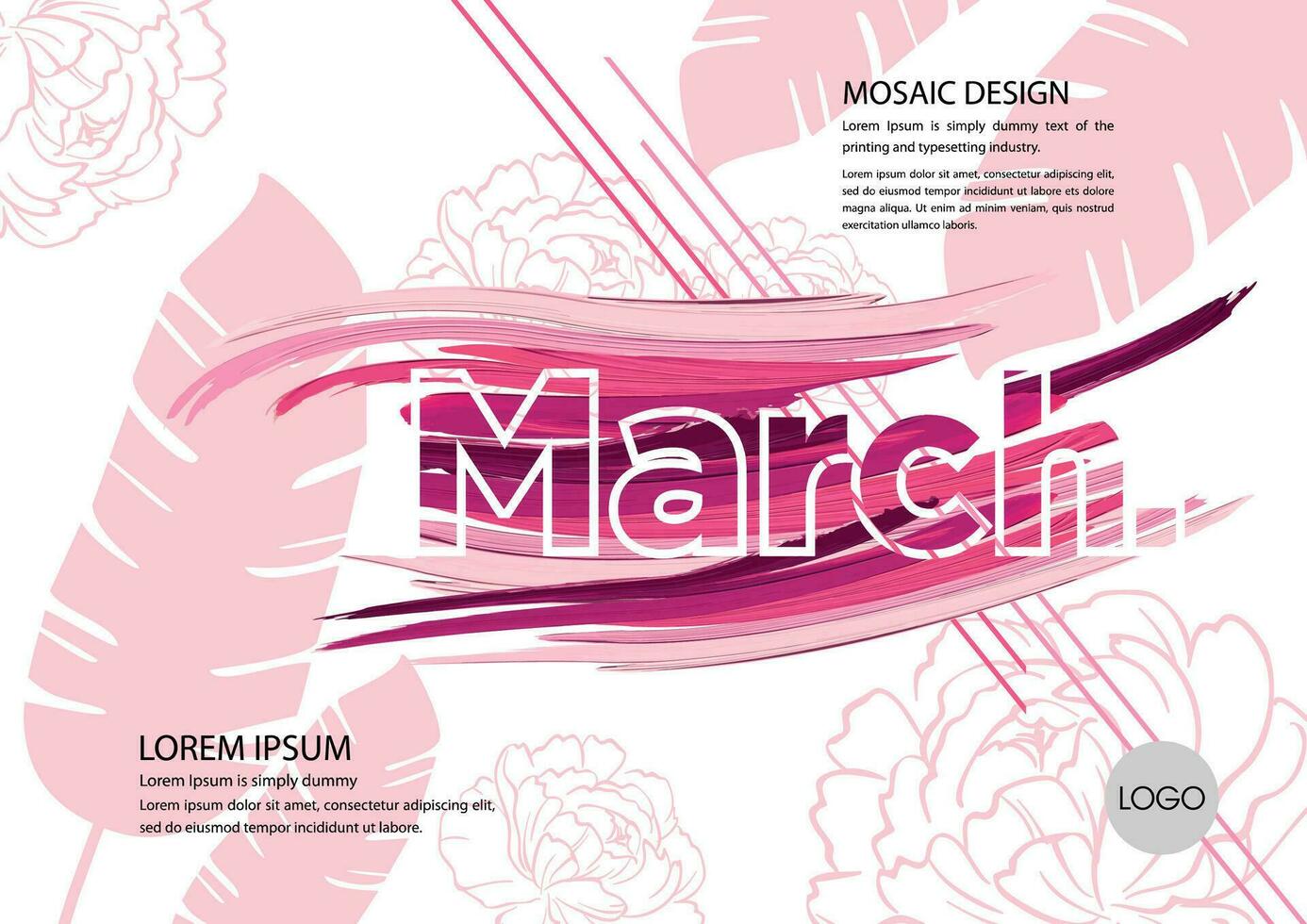 marzo calendario diseño con rosado flores y hojas vector