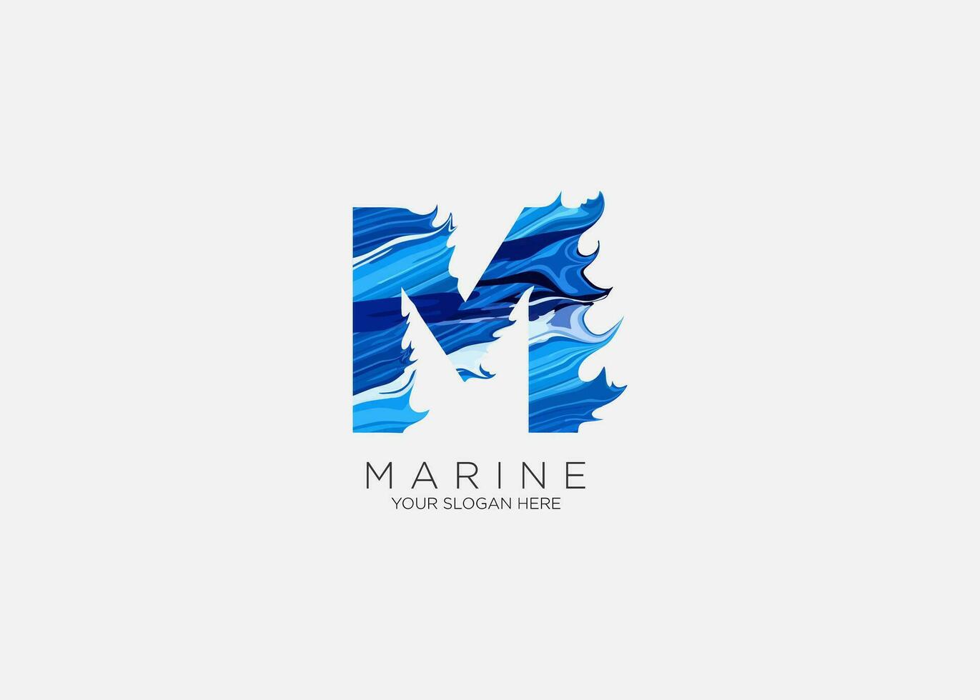 marine logo design with waves and blue color, M letter marine logo with modern illustrations, vector