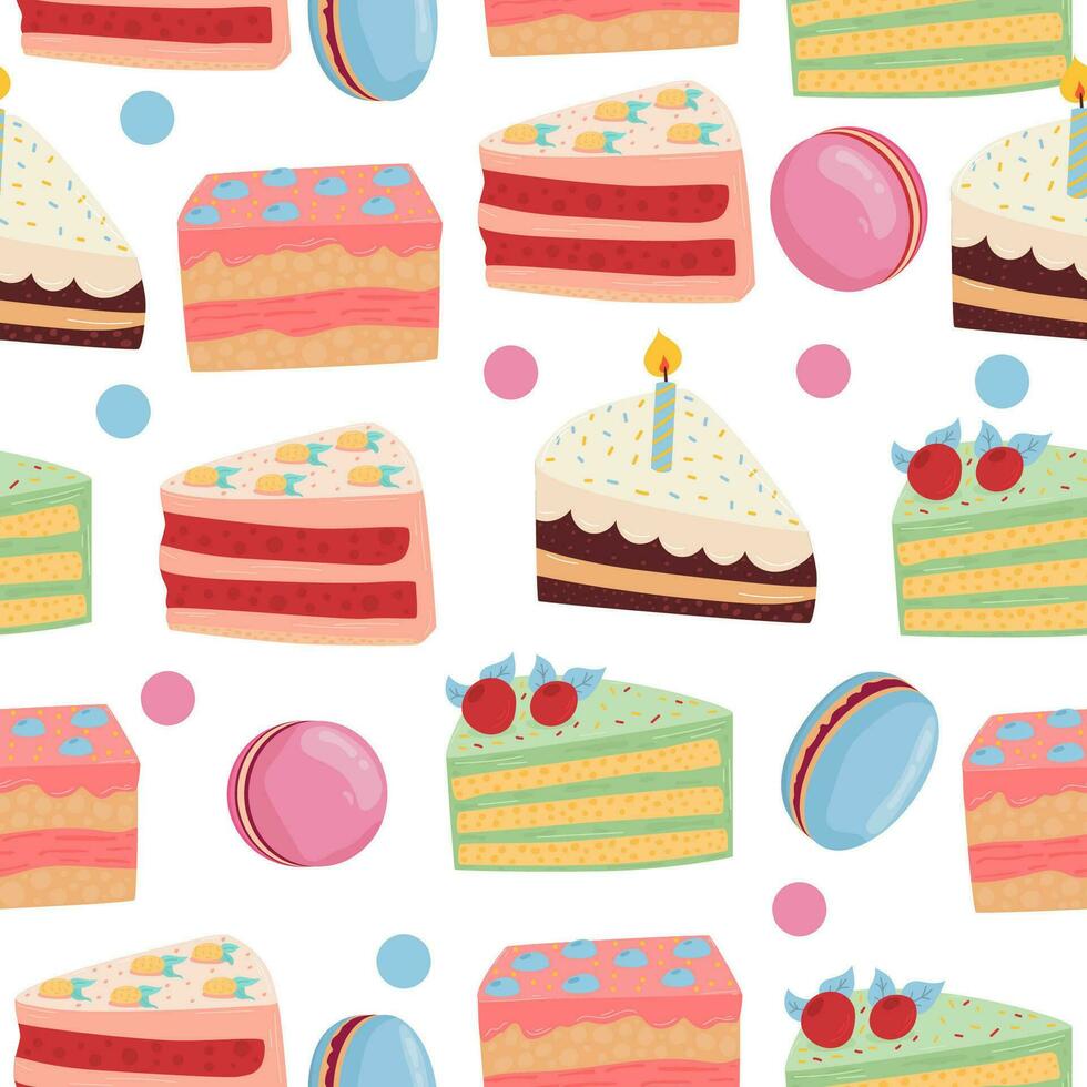 Seamless pattern. Cake. A piece of cake with a candle. Cake set isolated on white background. For your design. vector