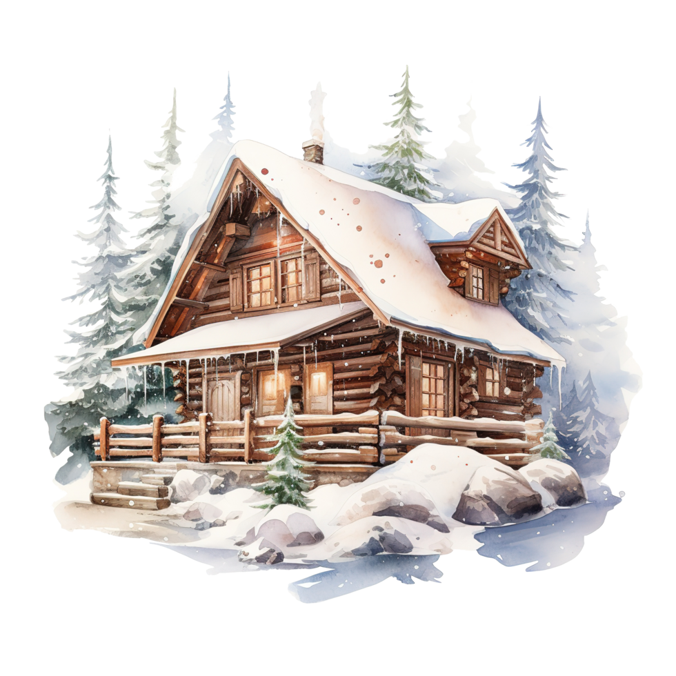 Winter Forest Cabin For Christmas Event. Watercolor Style. AI Generated png