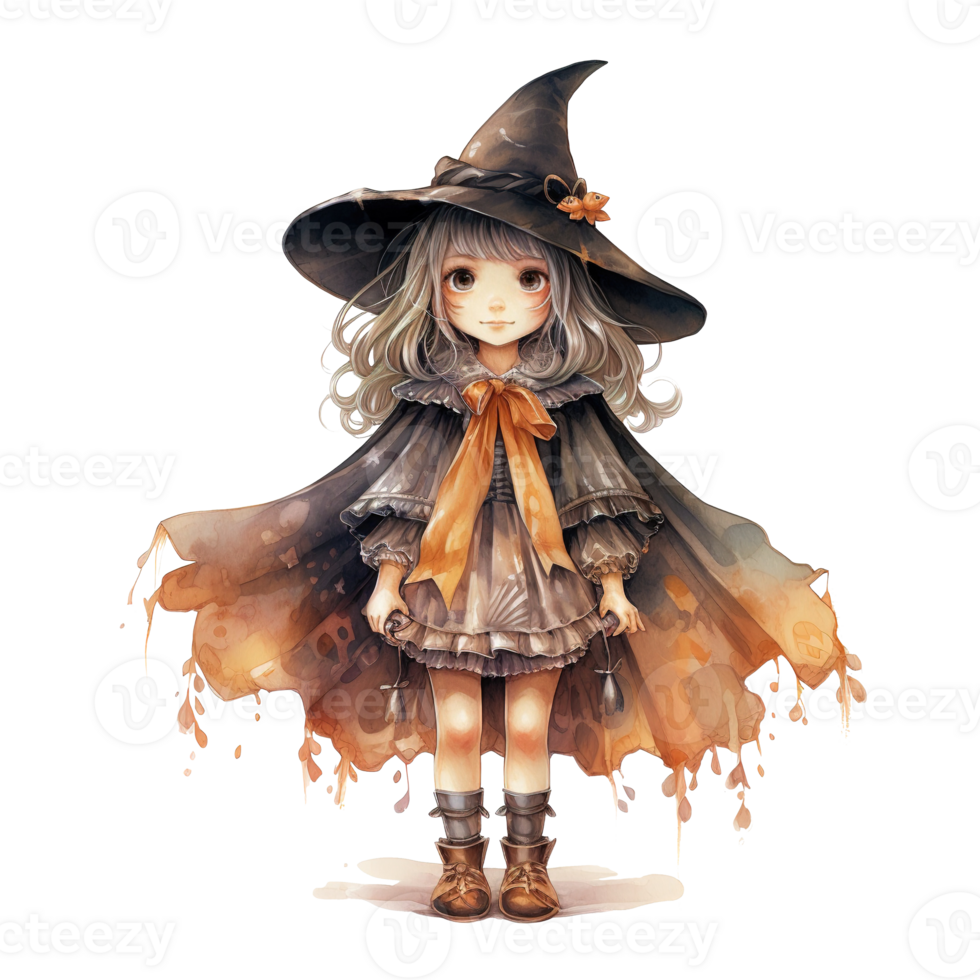 Girl Wearing Witch Costume For Halloween Event. Watercolor Style. AI Generated png