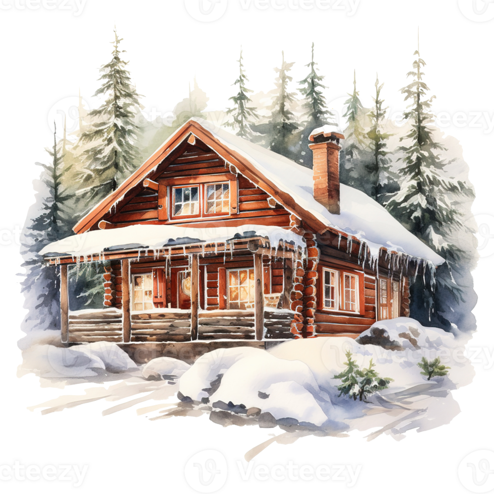 Winter Forest Cabin For Christmas Event. Watercolor Style. AI Generated png