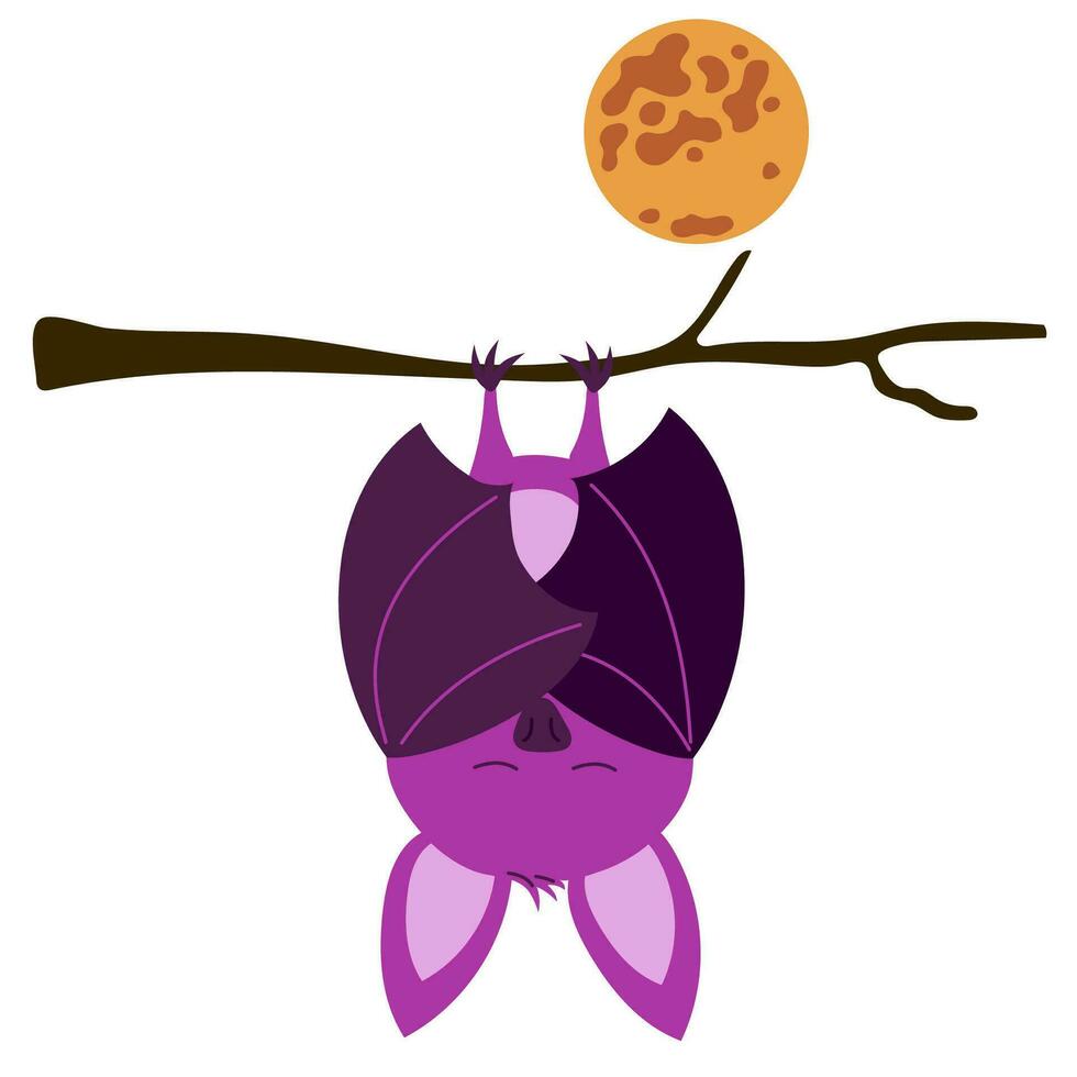 Happy Halloween sticker with Cute bat hanging upside down on a branch under the full moon. Vampire vector