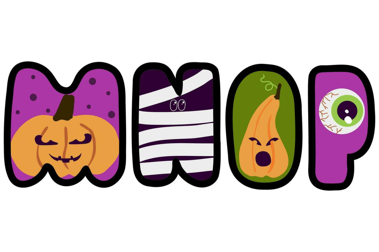 Halloween English alphabet. MNOP letters in flat cartoon style. Abc with pumpkin, eye, mummy vector