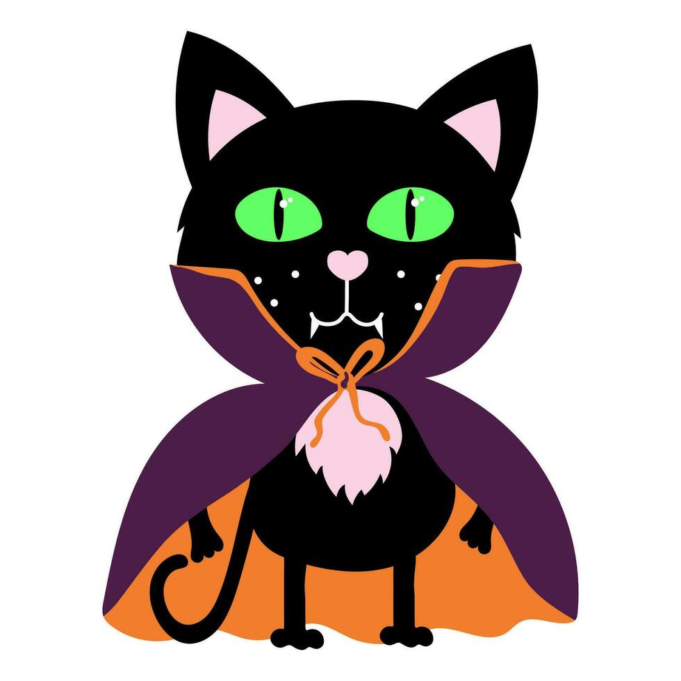 Cute black cat dressed as a bat, vampire. Happy Halloween sticker of ghoul. holiday clipart count dracula vector